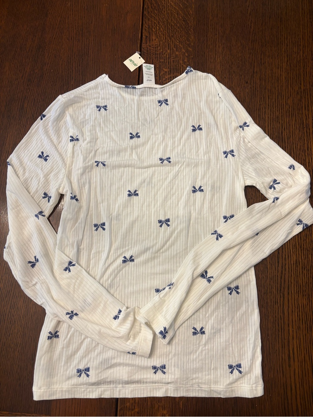 NWT Aerie Long Sleeve White & Blue Bow Ribbed PJ Top Size L - Picture 2 of 3
